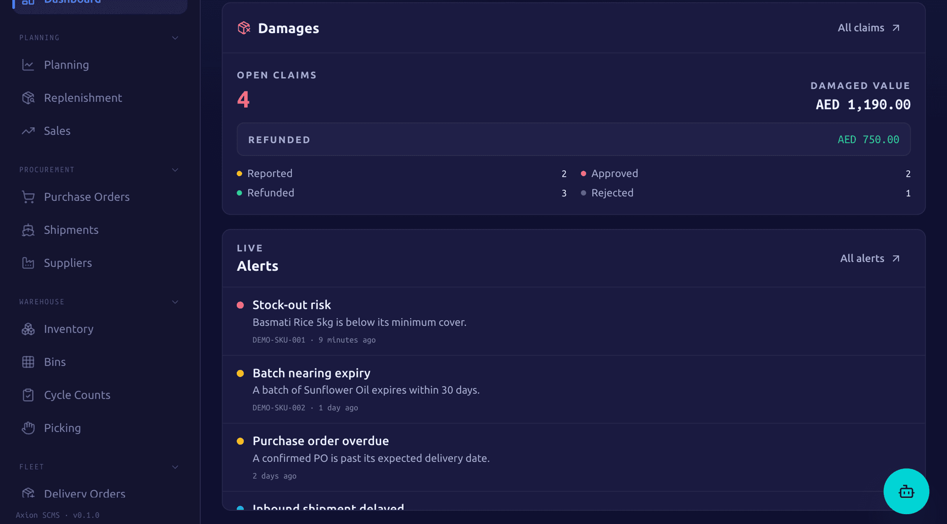 Axion Supply Chain damages and alerts screen showing a damage claim for demo stock alongside active stockout and expiry alerts