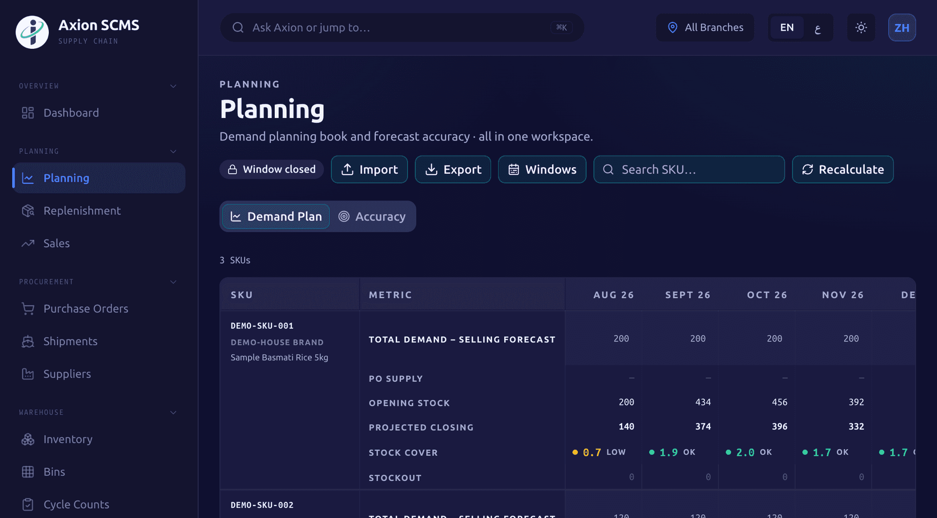 Axion Supply Chain planning screen showing the demand plan by month for a demo rice product, with opening stock, incoming supply and cover months
